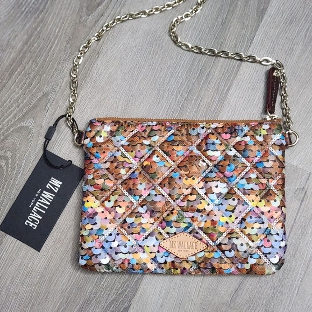 MZ Wallace Sequin designed fabric Crossbody Bag with Chain Strap
